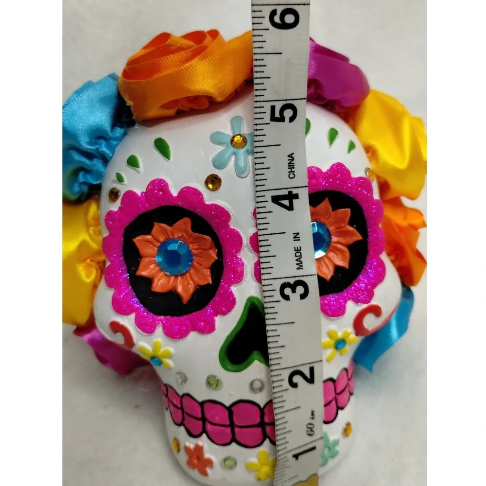 Día de los Muertos Sugar Skull Figurine w/ Satin Flowers‎ & Rhinestones Decor
